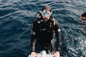 A scuba diver after ending his dive