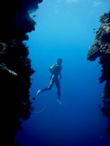 A scuba diver standing up underwater