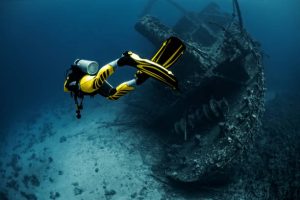 A scuba diver practicing wreck diving