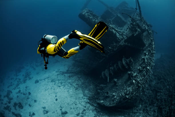A scuba diver practicing wreck diving