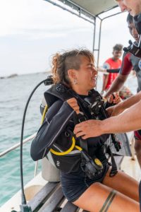 A scuba diver getting ready for diving