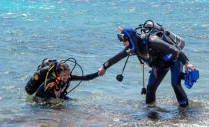 a scuba diver helping his dive buddy on the surface