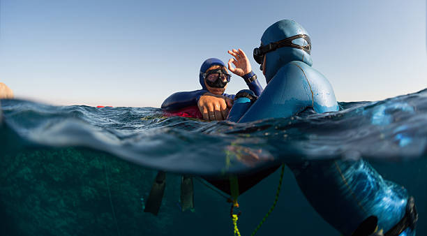 two freedivers at the surface of the water