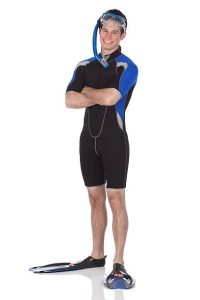 A diver wearing a short wetsuit