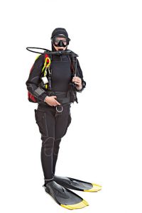 a scuba diver wearing a semi-dry suit