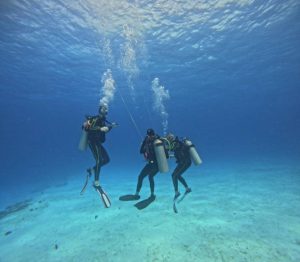 3 scuba diver with their scuba tanks underwater