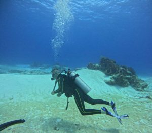 A scuba diver wearing split fins