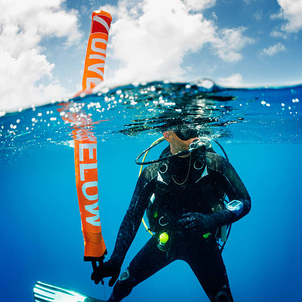 A diver holding a surface marker buoy
